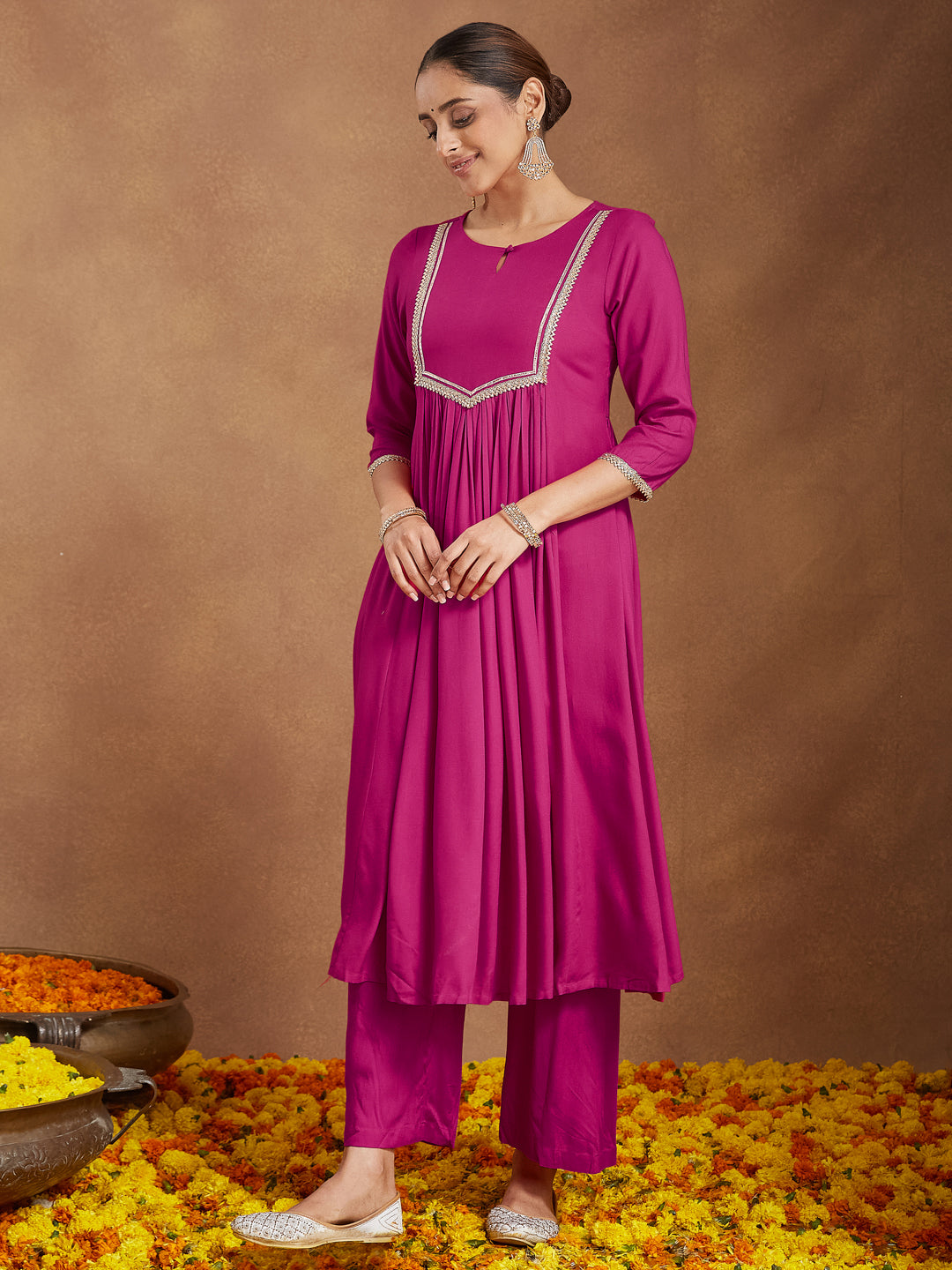 Janasya Women's Pink Rayon Yoke Design A-line Kurta With Palazzo & Dupatta Set - qivii