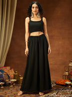 Janasya Women Black Georgette Sequinned Front-slit Jacket With Crop Top & Palazzo Set