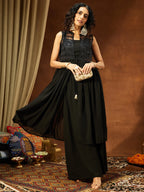 Janasya Women Black Georgette Sequinned Front-slit Jacket With Crop Top & Palazzo Set