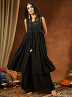 Janasya Women Black Georgette Sequinned Front-slit Jacket With Crop Top & Palazzo Set