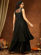 Janasya Women Black Georgette Sequinned Front-slit Jacket With Crop Top & Palazzo Set