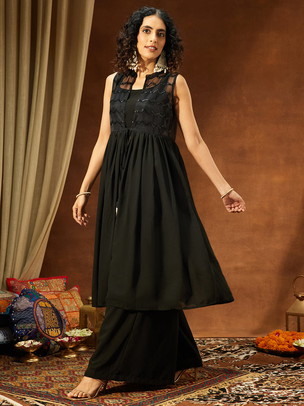 Janasya Women Black Georgette Sequinned Front-slit Jacket With Crop Top & Palazzo Set