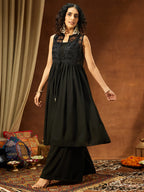 Janasya Women Black Georgette Sequinned Front-slit Jacket With Crop Top & Palazzo Set