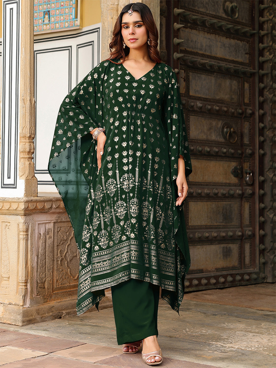 Janasya Women's Bottle Green Georgette Foil Printed Kaftan Kurta With Palazzo Set