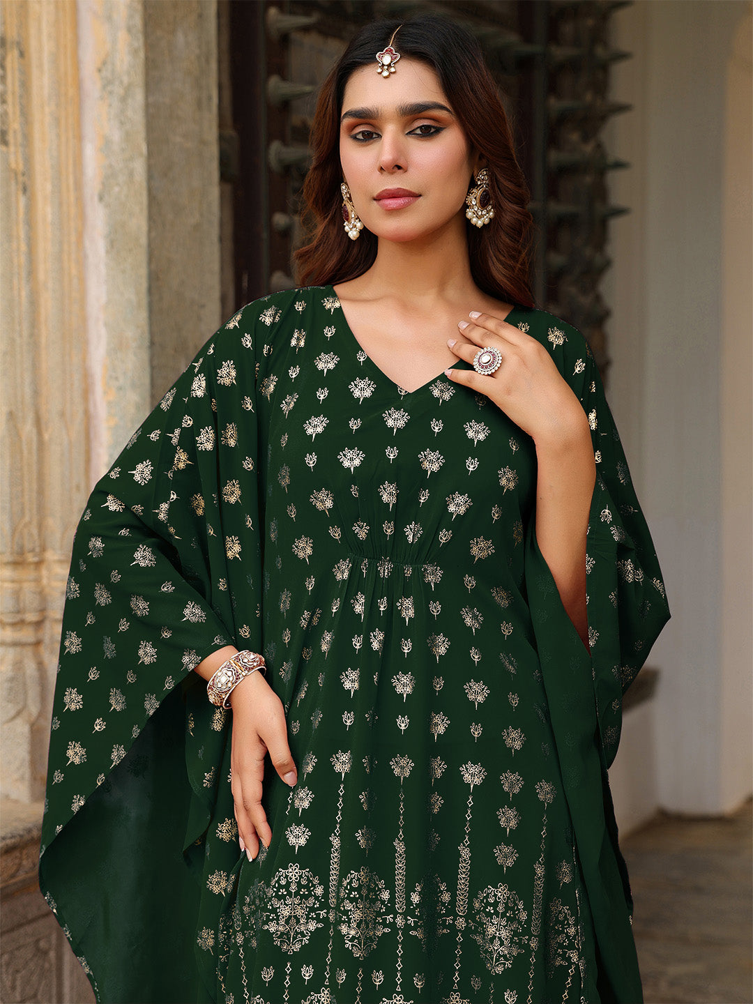 Janasya Women's Bottle Green Georgette Foil Printed Kaftan Kurta With Palazzo Set - qivii