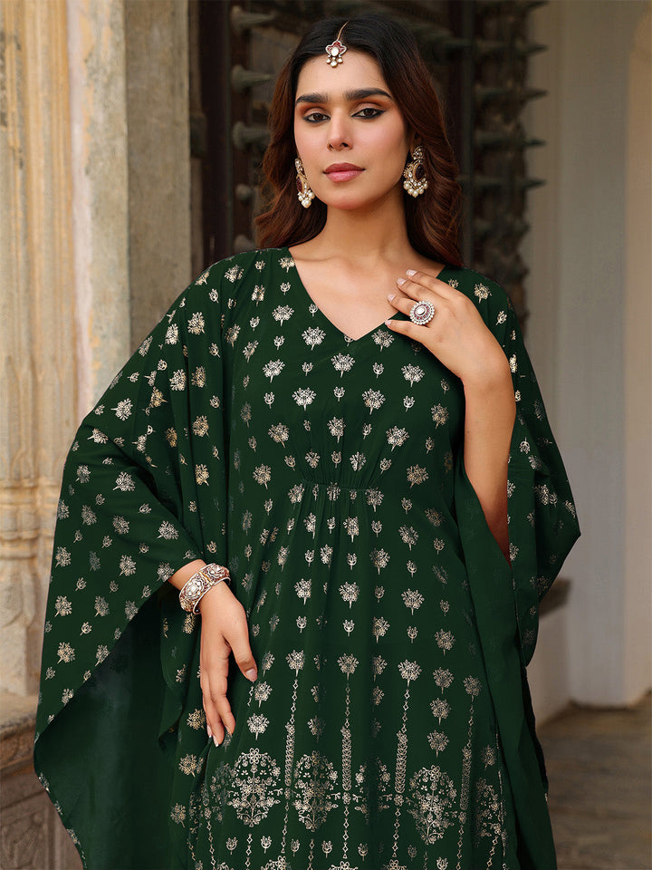 Janasya Women's Bottle Green Georgette Foil Printed Kaftan Kurta With Palazzo Set - qivii