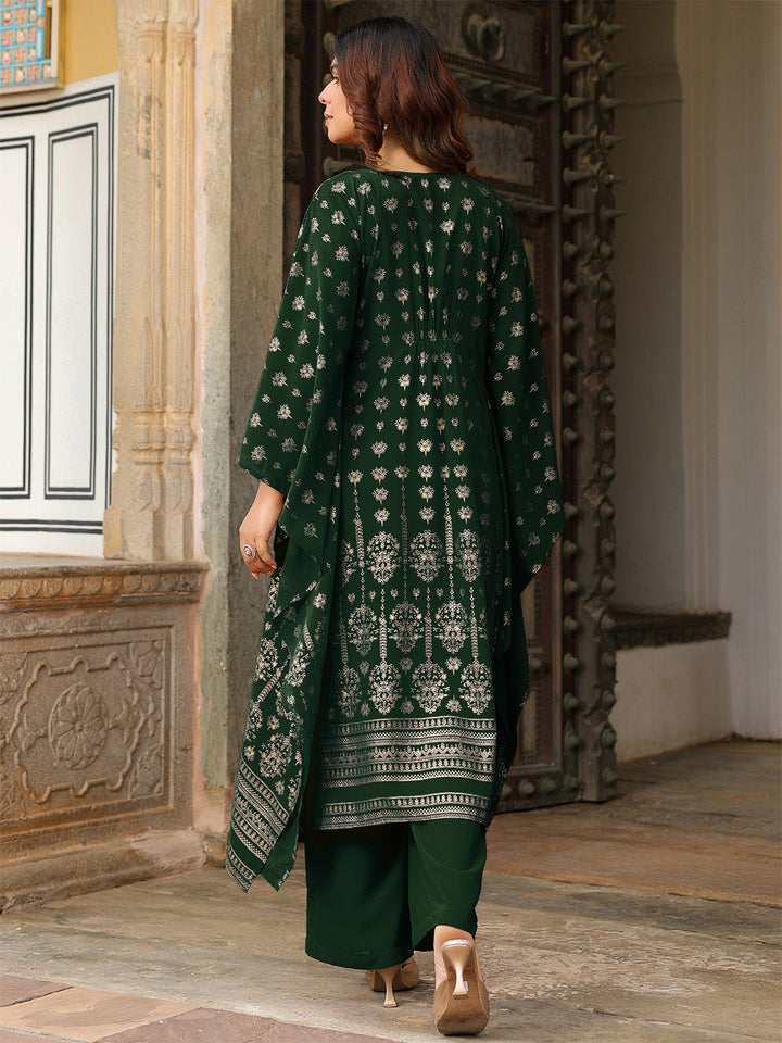 Janasya Women's Bottle Green Georgette Foil Printed Kaftan Kurta With Palazzo Set - qivii