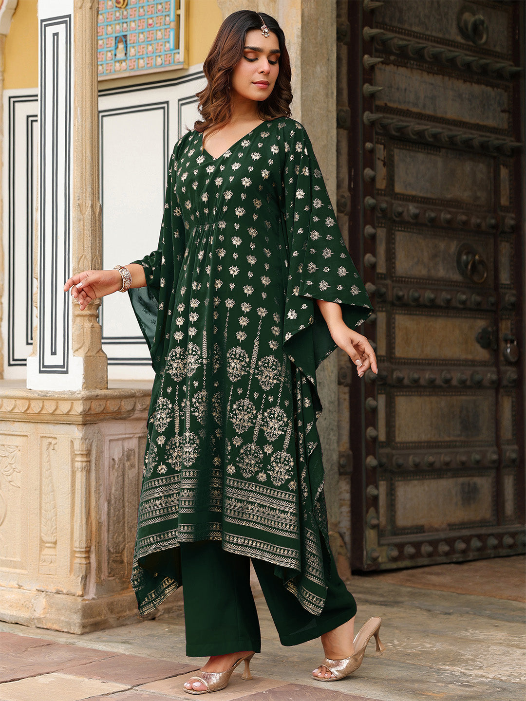 Janasya Women's Bottle Green Georgette Foil Printed Kaftan Kurta With Palazzo Set