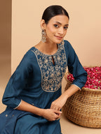 Janasya Women's Teal Chanderi Silk Zari Yoke Embroidered A-line Kurta Set With Dupatta