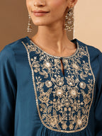 Janasya Women's Teal Chanderi Silk Zari Yoke Embroidered A-line Kurta Set With Dupatta