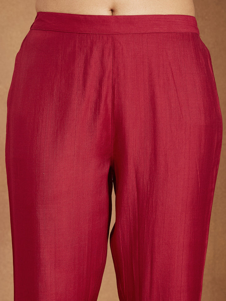 Janasya Women's Maroon Silk Blend Zari Embroidered Straight Kurta Set - qivii