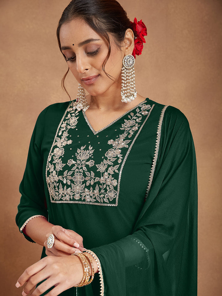 Janasya Women's Dark Green Georgette Zari Embroidered Straight Kurta With Palazzo & Dupatta Set - qivii
