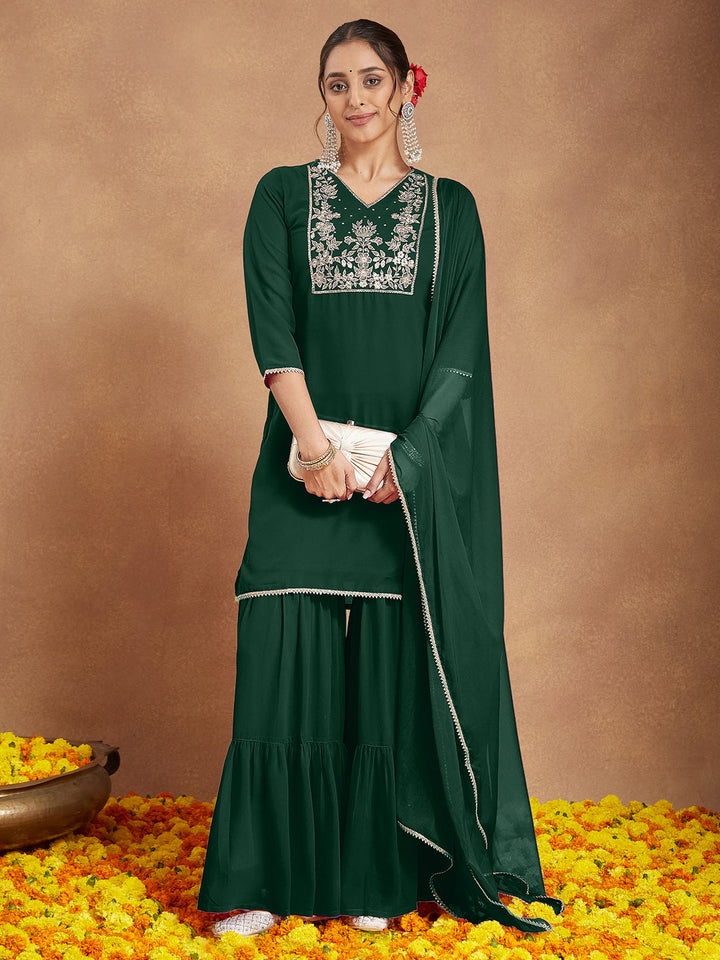 Janasya Women's Dark Green Georgette Zari Embroidered Straight Kurta With Palazzo & Dupatta Set - qivii