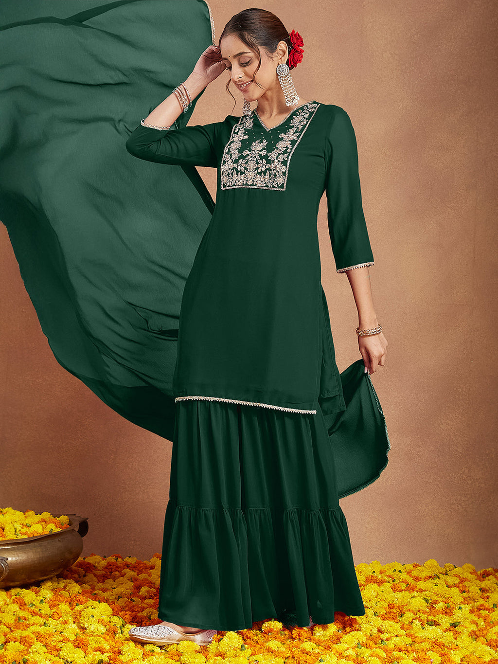 Janasya Women's Dark Green Georgette Zari Embroidered Straight Kurta With Palazzo & Dupatta Set
