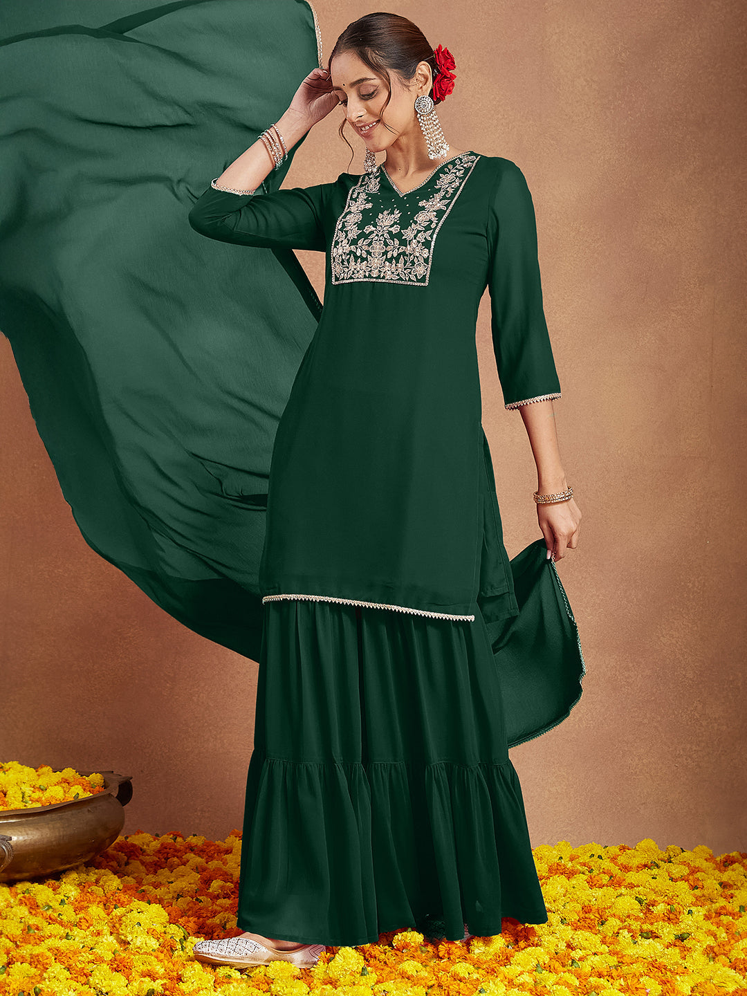 Janasya Women's Dark Green Georgette Zari Embroidered Straight Kurta With Palazzo & Dupatta Set - qivii