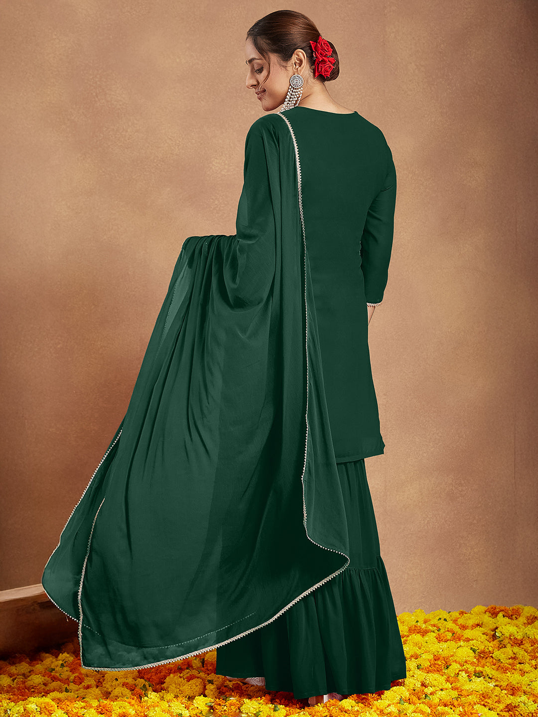 Janasya Women's Dark Green Georgette Zari Embroidered Straight Kurta With Palazzo & Dupatta Set - qivii