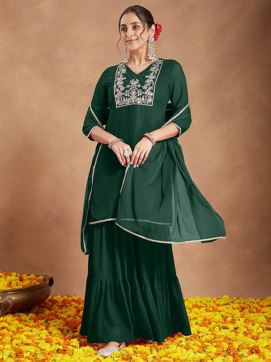 Janasya Women's Dark Green Georgette Zari Embroidered Straight Kurta With Palazzo & Dupatta Set - qivii