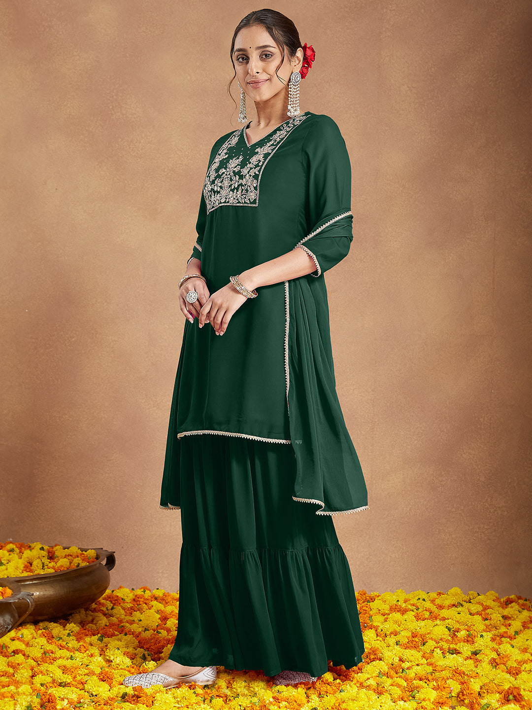 Janasya Women's Dark Green Georgette Zari Embroidered Straight Kurta With Palazzo & Dupatta Set - qivii