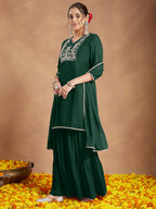 Janasya Women's Dark Green Georgette Zari Embroidered Straight Kurta With Palazzo & Dupatta Set