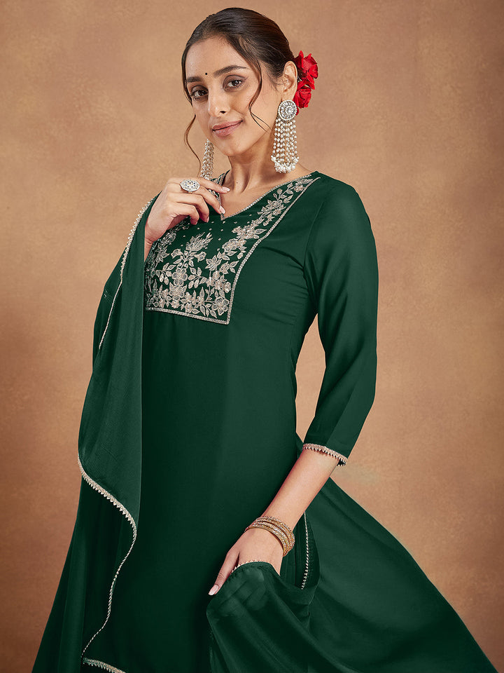 Janasya Women's Dark Green Georgette Zari Embroidered Straight Kurta With Palazzo & Dupatta Set - qivii