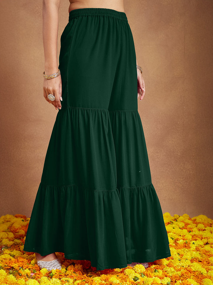 Janasya Women's Dark Green Georgette Zari Embroidered Straight Kurta With Palazzo & Dupatta Set - qivii