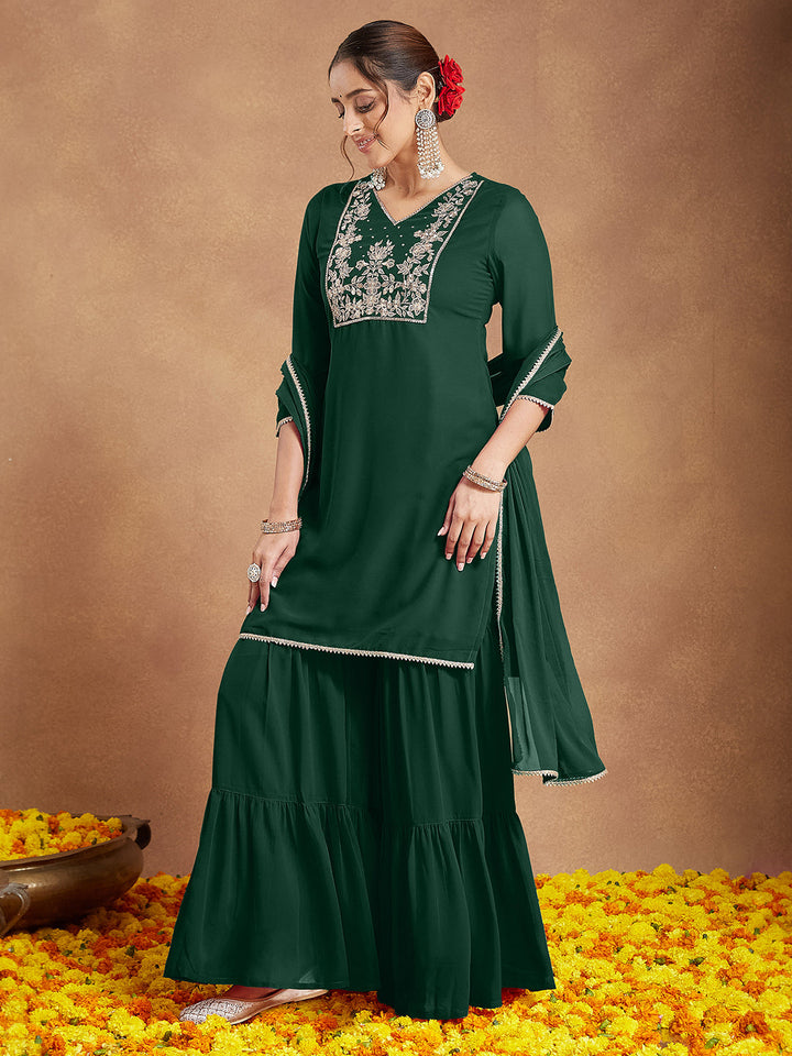 Janasya Women's Dark Green Georgette Zari Embroidered Straight Kurta With Palazzo & Dupatta Set - qivii