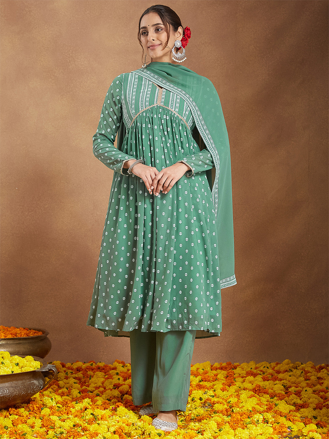 Janasya Women's Sage Green Georgette Embellished Ethnic Motifs Printed A-line Kurta Set