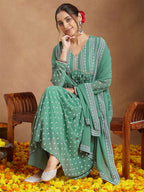 Janasya Women's Sage Green Georgette Embellished Ethnic Motifs Printed A-line Kurta Set