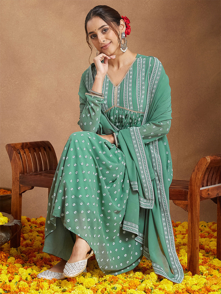 Janasya Women's Sage Green Georgette Embellished Ethnic Motifs Printed A-line Kurta Set - qivii
