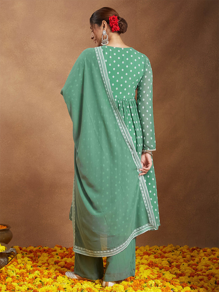 Janasya Women's Sage Green Georgette Embellished Ethnic Motifs Printed A-line Kurta Set - qivii