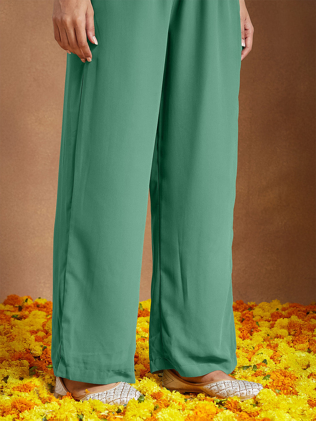 Janasya Women's Sage Green Georgette Embellished Ethnic Motifs Printed A-line Kurta Set