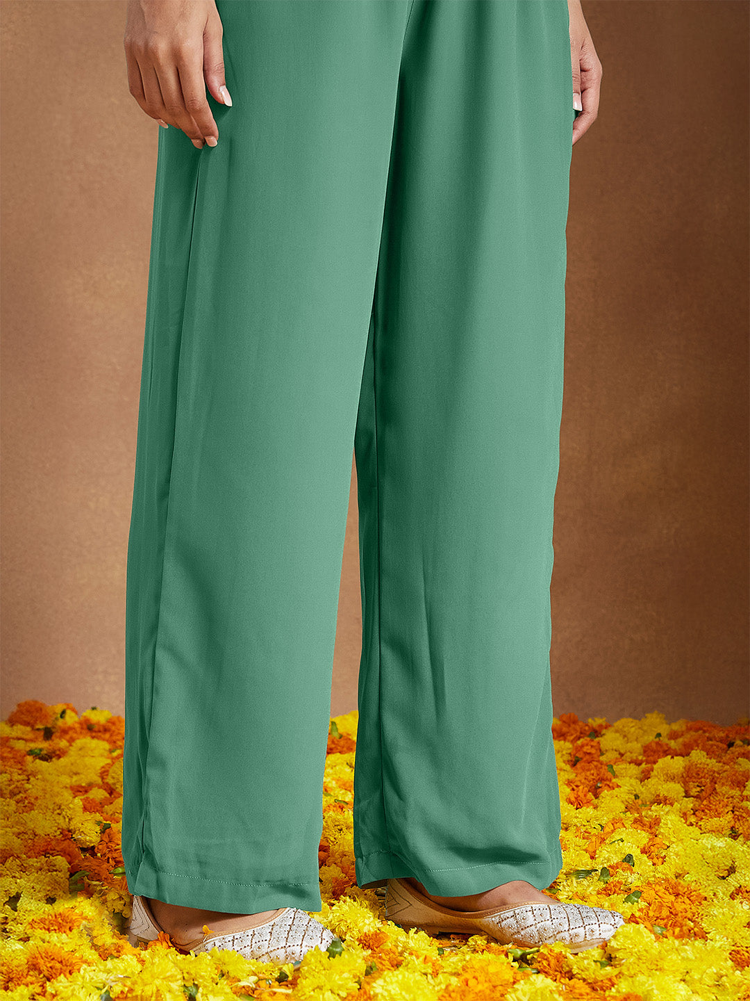 Janasya Women's Sage Green Georgette Embellished Ethnic Motifs Printed A-line Kurta Set