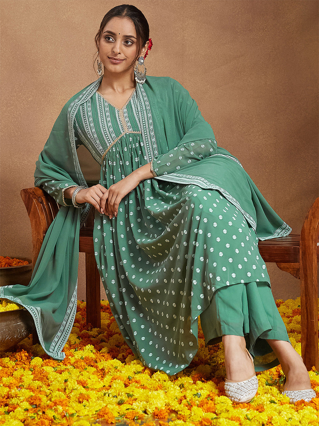 Janasya Women's Sage Green Georgette Embellished Ethnic Motifs Printed A-line Kurta Set