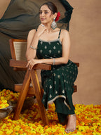 Janasya Women's Dark Green Rayon Embellished Foil Printed Straight Kurta Set