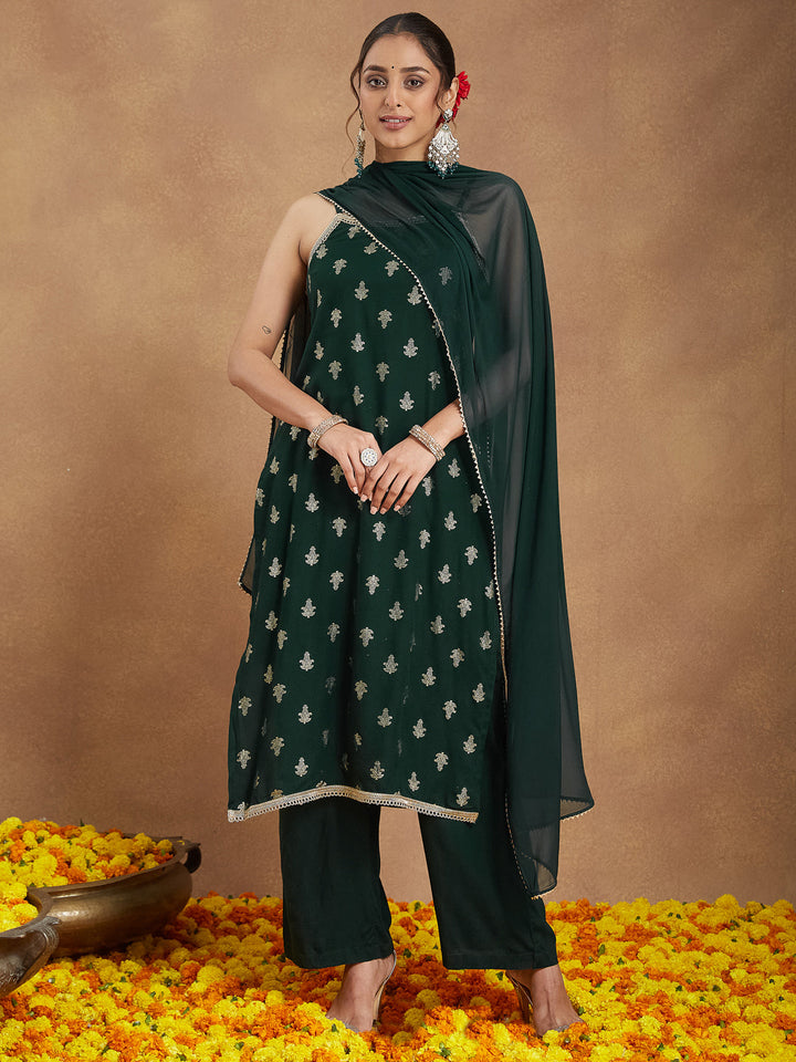 Janasya Women's Dark Green Rayon Embellished Foil Printed Straight Kurta Set - qivii