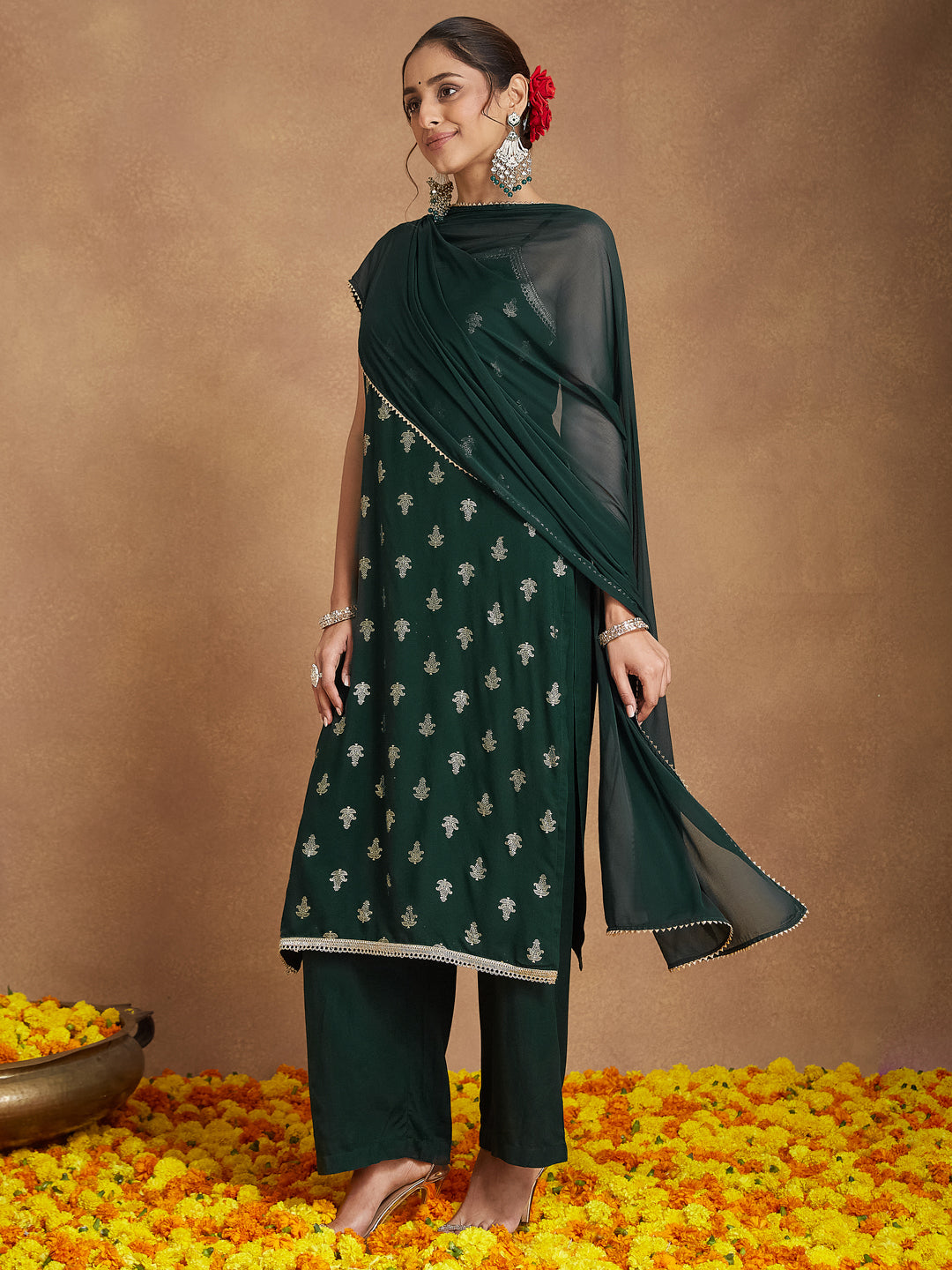 Janasya Women's Dark Green Rayon Embellished Foil Printed Straight Kurta Set - qivii
