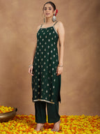 Janasya Women's Dark Green Rayon Embellished Foil Printed Straight Kurta Set