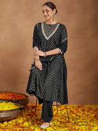 Janasya Women's Black Rayon Foil Print & Embellished Anarkali Kurta Set