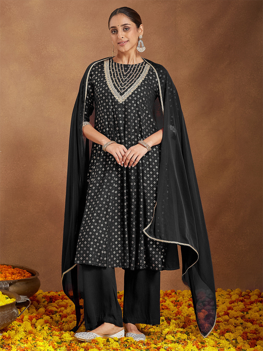 Janasya Women's Black Rayon Foil Print & Embellished Anarkali Kurta Set