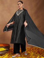 Janasya Women's Black Rayon Foil Print & Embellished Anarkali Kurta Set