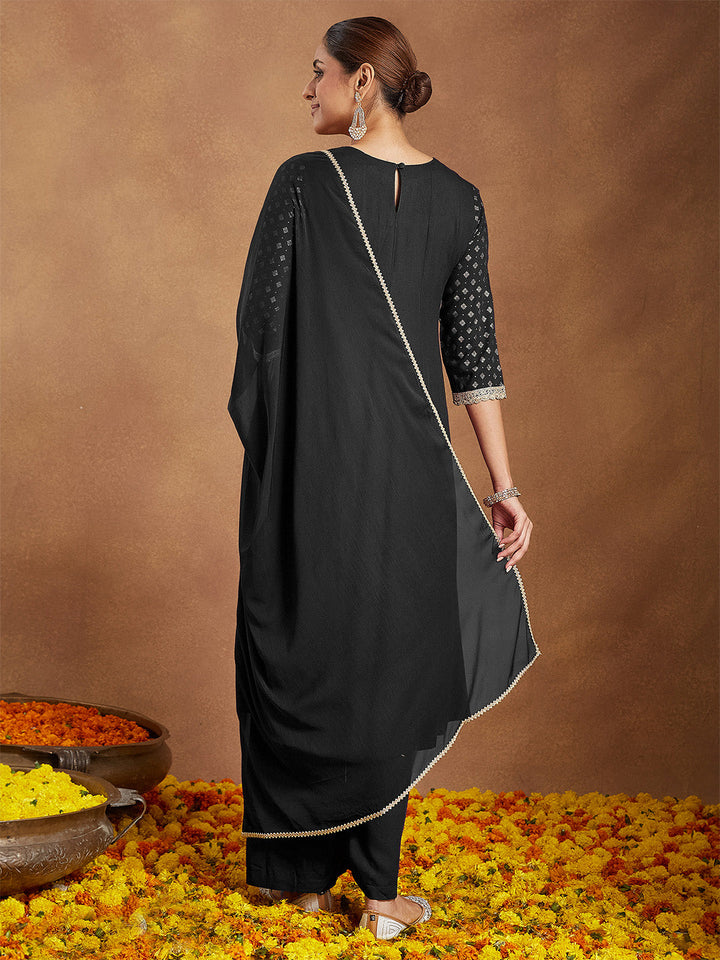 Janasya Women's Black Rayon Foil Print & Embellished Anarkali Kurta Set - qivii