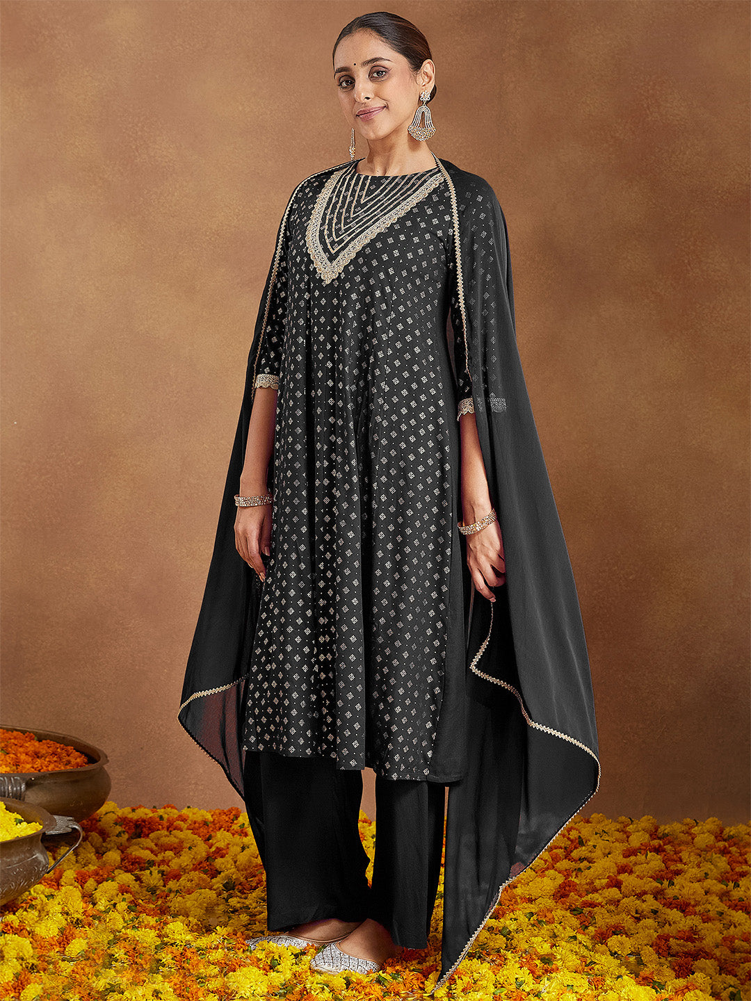 Janasya Women's Black Rayon Foil Print & Embellished Anarkali Kurta Set