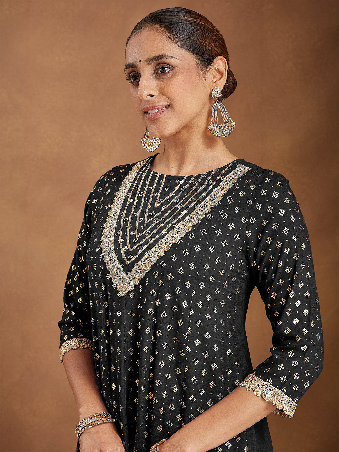 Janasya Women's Black Rayon Foil Print & Embellished Anarkali Kurta Set