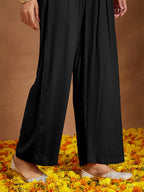 Janasya Women's Black Rayon Foil Print & Embellished Anarkali Kurta Set