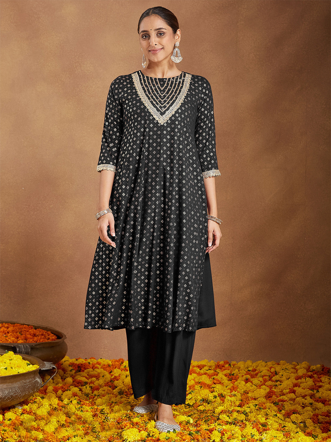 Janasya Women's Black Rayon Foil Print & Embellished Anarkali Kurta Set - qivii