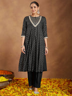 Janasya Women's Black Rayon Foil Print & Embellished Anarkali Kurta Set