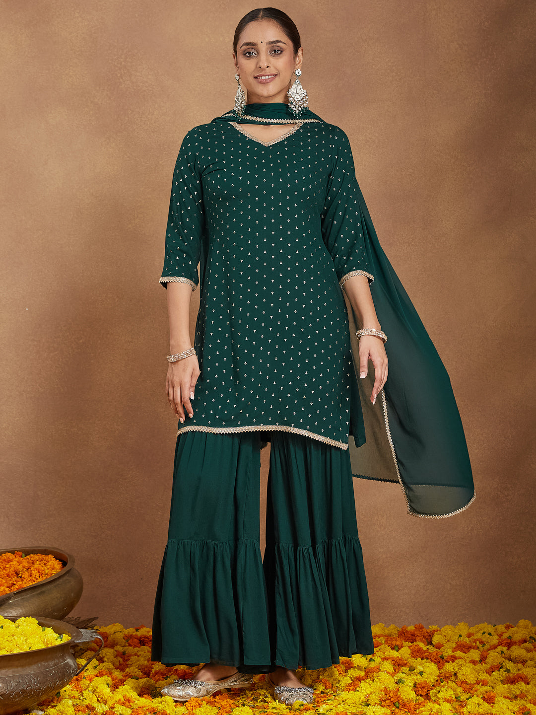 Janasya Women's Dark Green Rayon Embellished Foil Printed Kurta With Sharara & Dupatta Set