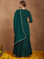 Janasya Women's Dark Green Rayon Embellished Foil Printed Kurta With Sharara & Dupatta Set