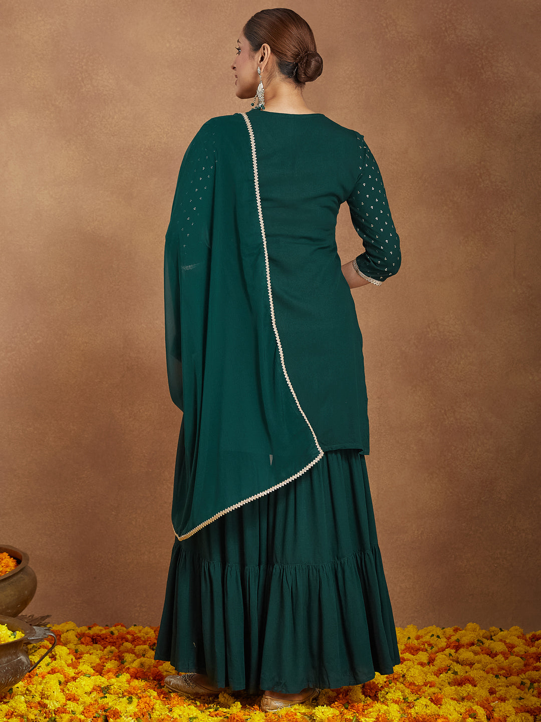 Janasya Women's Dark Green Rayon Embellished Foil Printed Kurta With Sharara & Dupatta Set