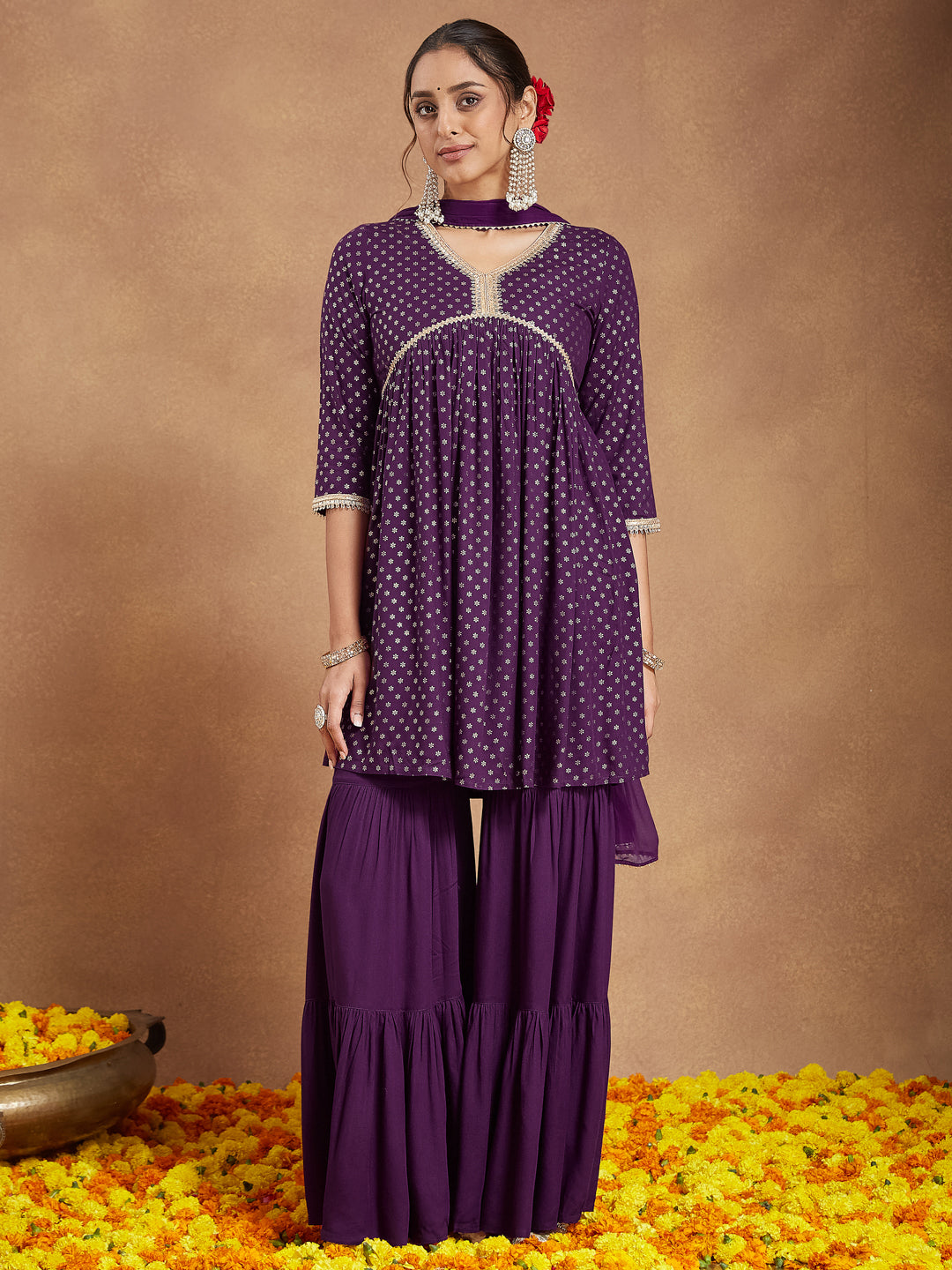 Janasya Women's Purple Rayon Gold Printed A-line Kurta With Sharara & Dupatta Set